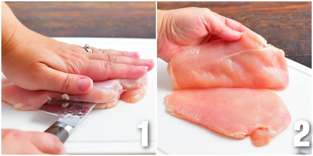 collage of two images of cutting the chicken breasts to make chicken cutlets.
