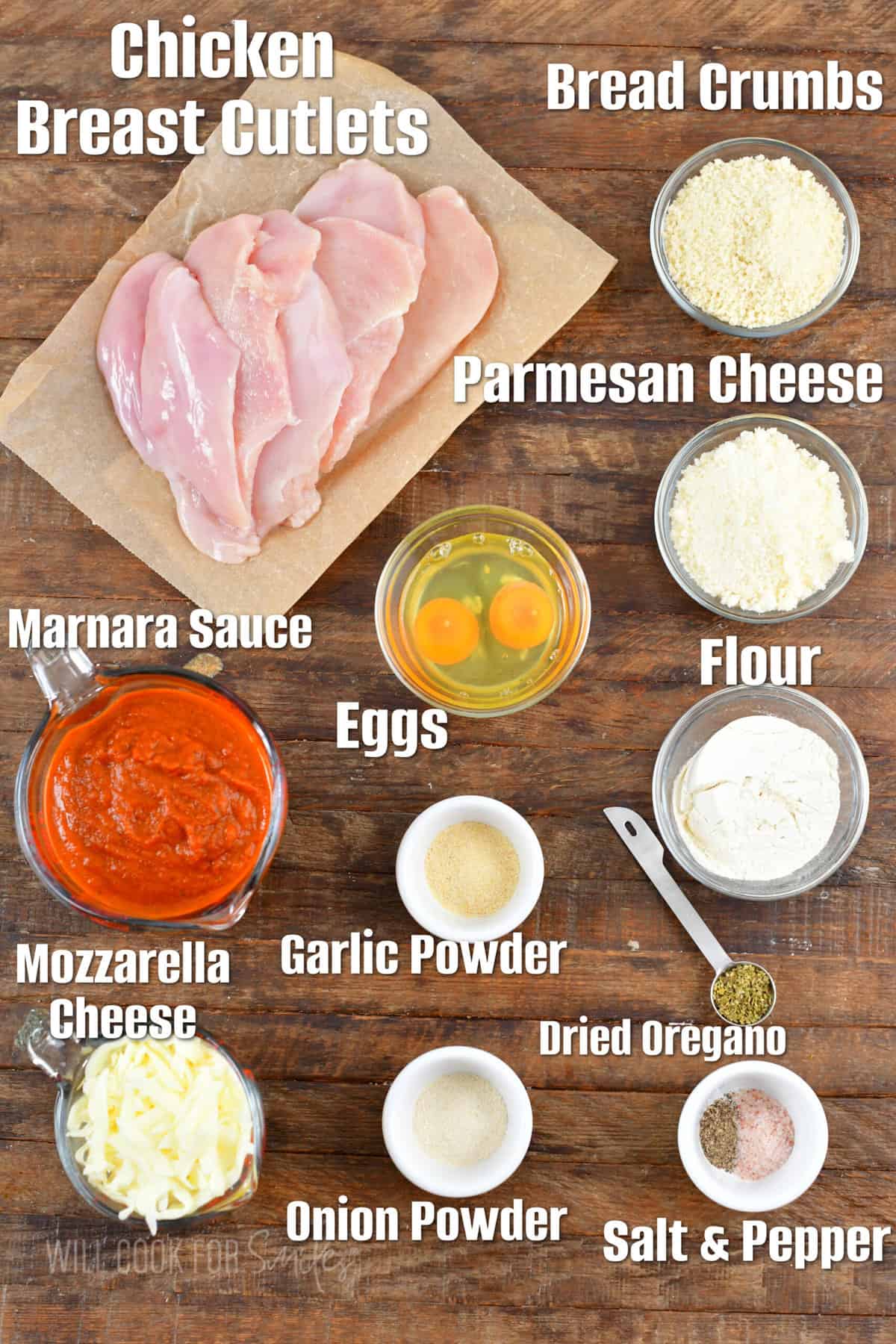 labeled ingredients to make chicken parmesan on the wooden background.