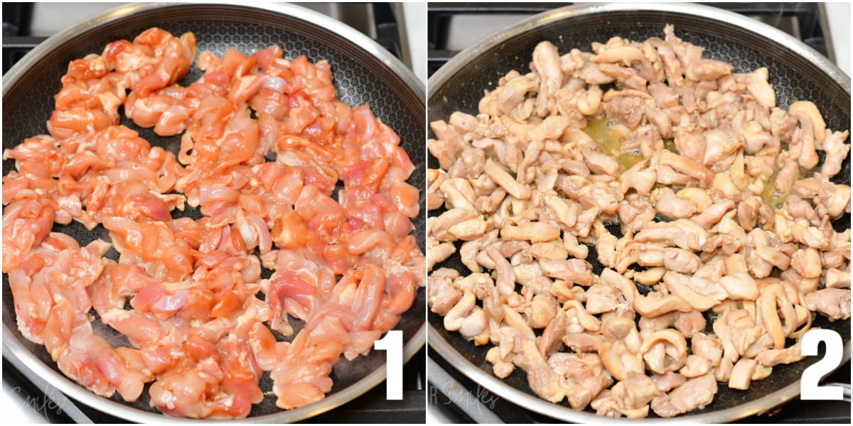 collage of two images of uncooked diced chicken in the pan and then cooked.