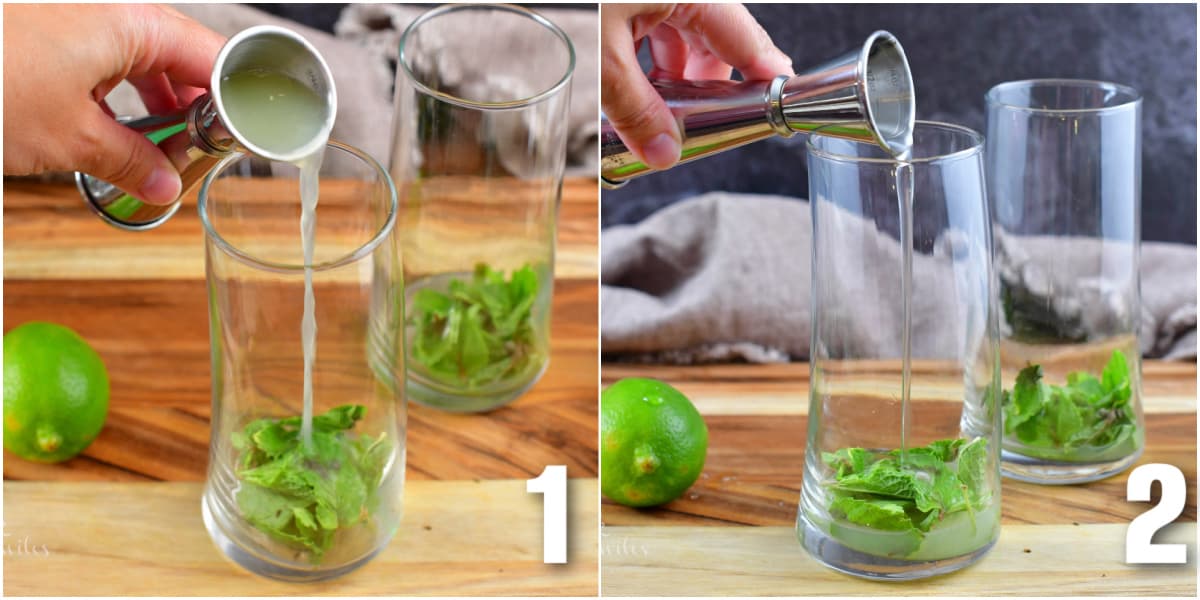 adding lime juice to the glass with mint and adding simple syrup to the mint.