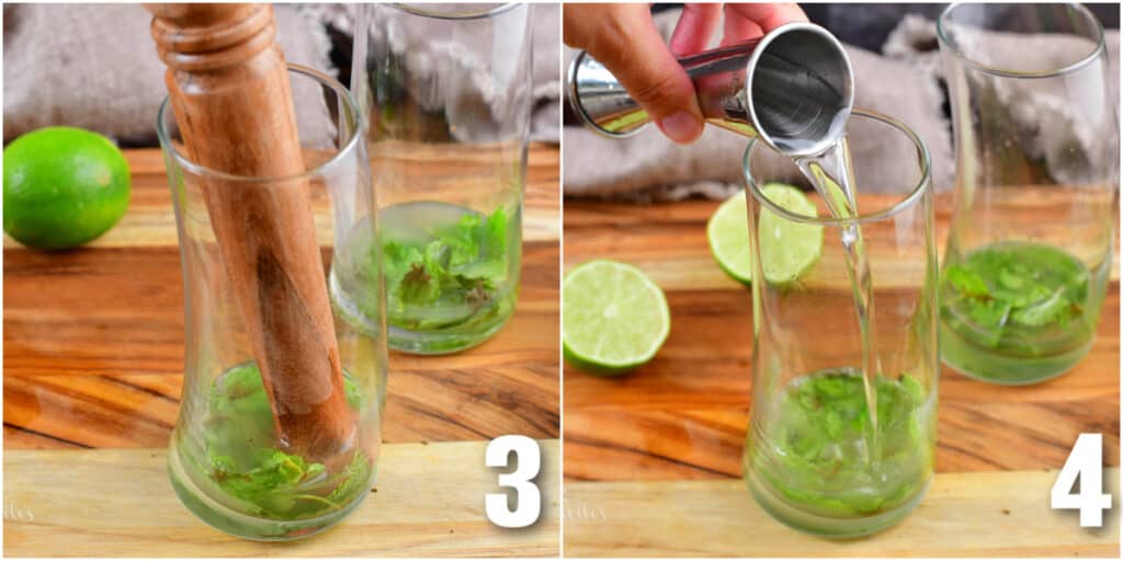 muddling mint and lime juice in a glass and adding rum to the glass with mint.