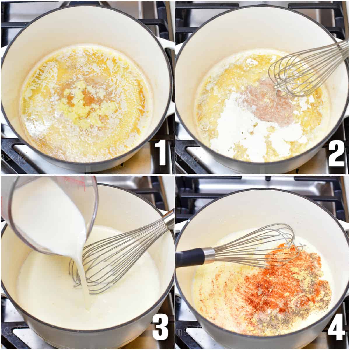 collage of four images of making the cheese sauce in a white Dutch oven.