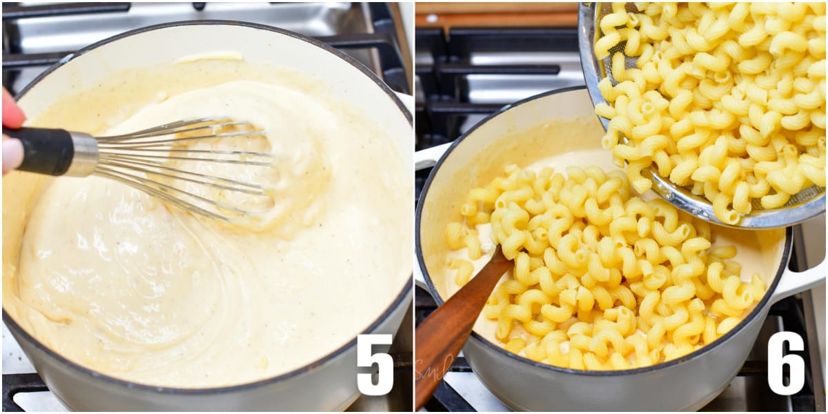 collage of two images of stirring cheese sauce and adding the cooked pasta to it.
