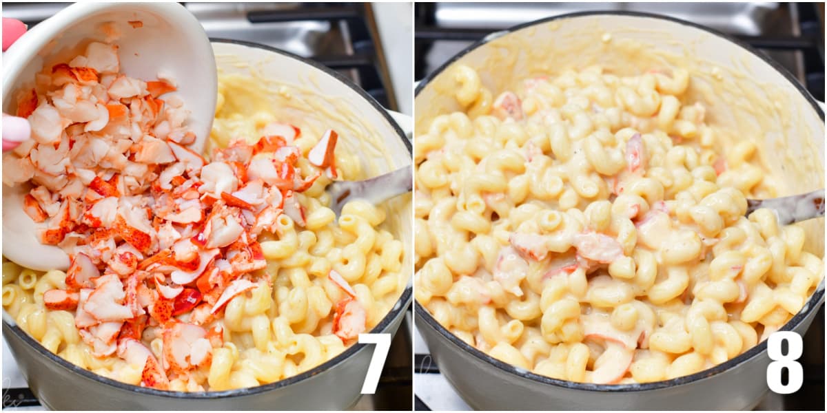 collage of two images of adding lobster to the mac and cheese and mixing it in.