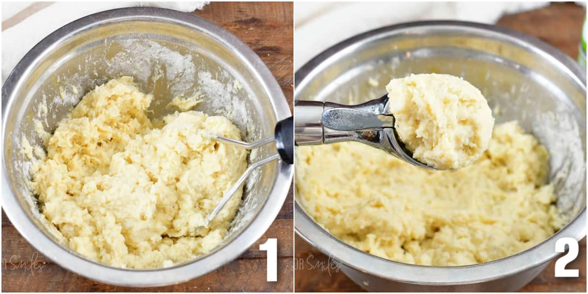 collage of two images on mixing potato mixture and scooping out some for the cakes.