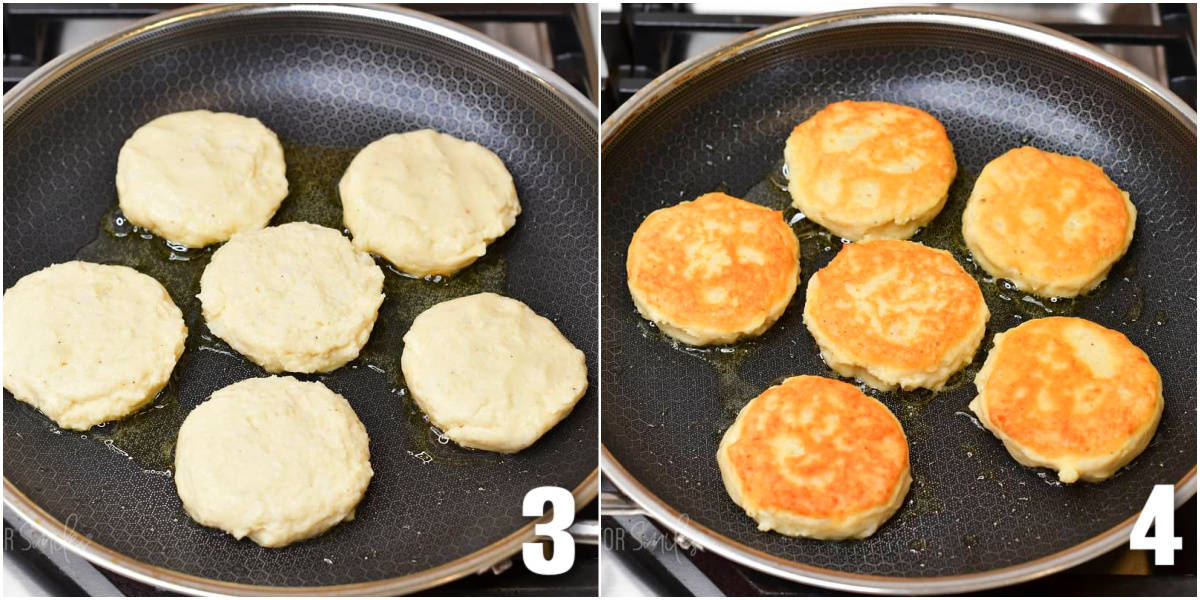 collage of two images of cooking potato cakes before and after flipping.
