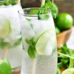 tall curvy glass of mojito and limes and mint on the background.