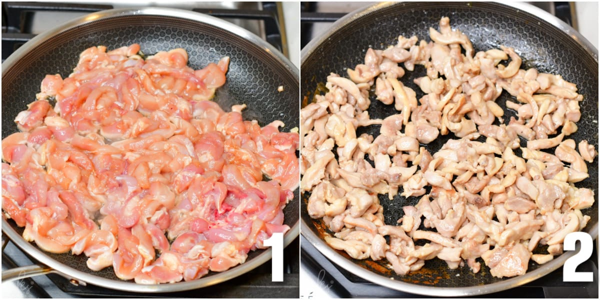 collage of two images of uncooked diced chicken thigh meat in the pan and then cooked.