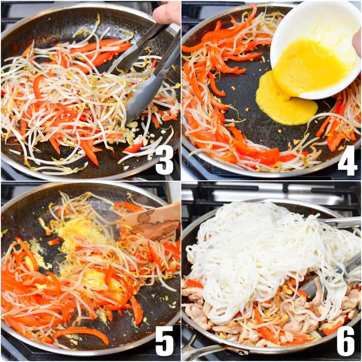 In the first photo, vegetables are being cooked in a skillet. In the second photo, eggs are being added to the center of the skillet. The third photo shows eggs being cooked with vegetables. The final photo shows noodles being added to the skillet. 