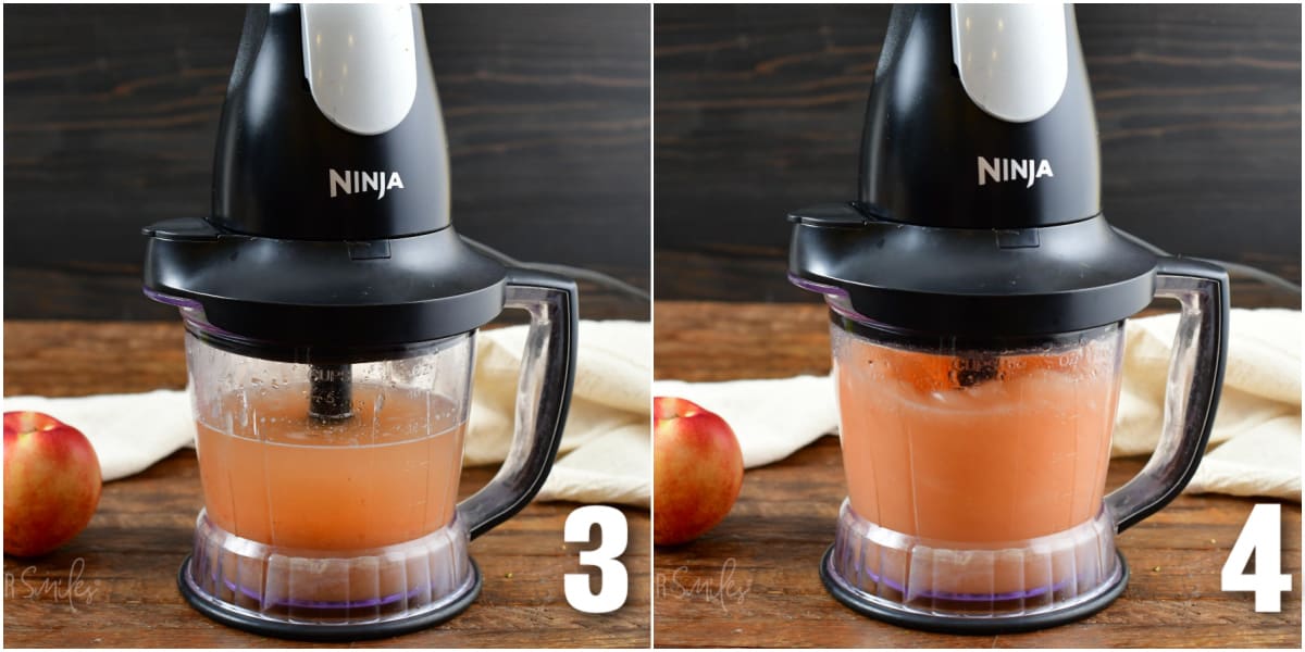 One image shows the ingredients for a peach margarita in a Ninja blender. The second image shows a margarita being blended. 