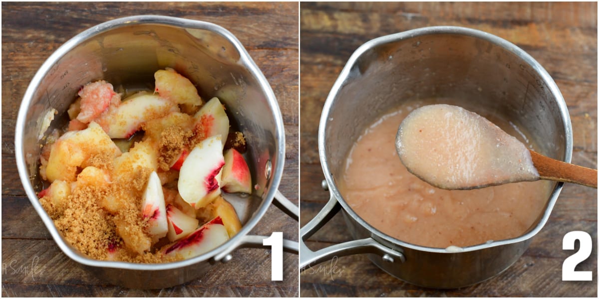 One image shows the ingredients for peach puree in a pot. The second image shows cooked puree in the same pot. 