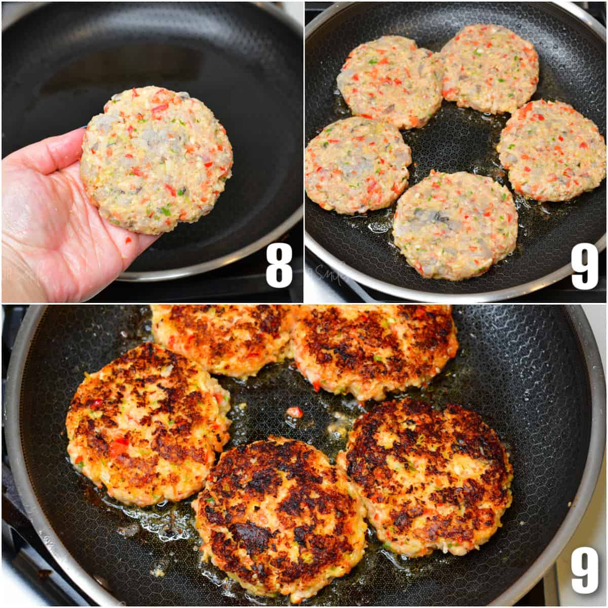 One image shows a hand holding a patty over a skillet. The second image shows patties cooking in a skillet. The third image shows cooked patties in a skillet. 