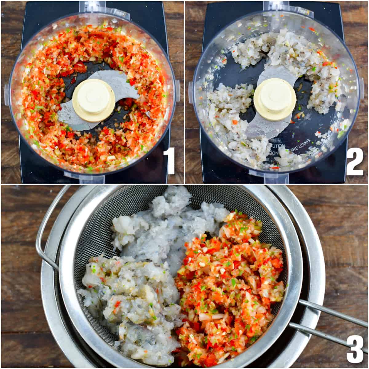 One image shows vegetables blended in a food processor. The second image shows shrimp blended in the same processor. The third image shows the blended shrimp and veggies in a fine mesh strainer. 