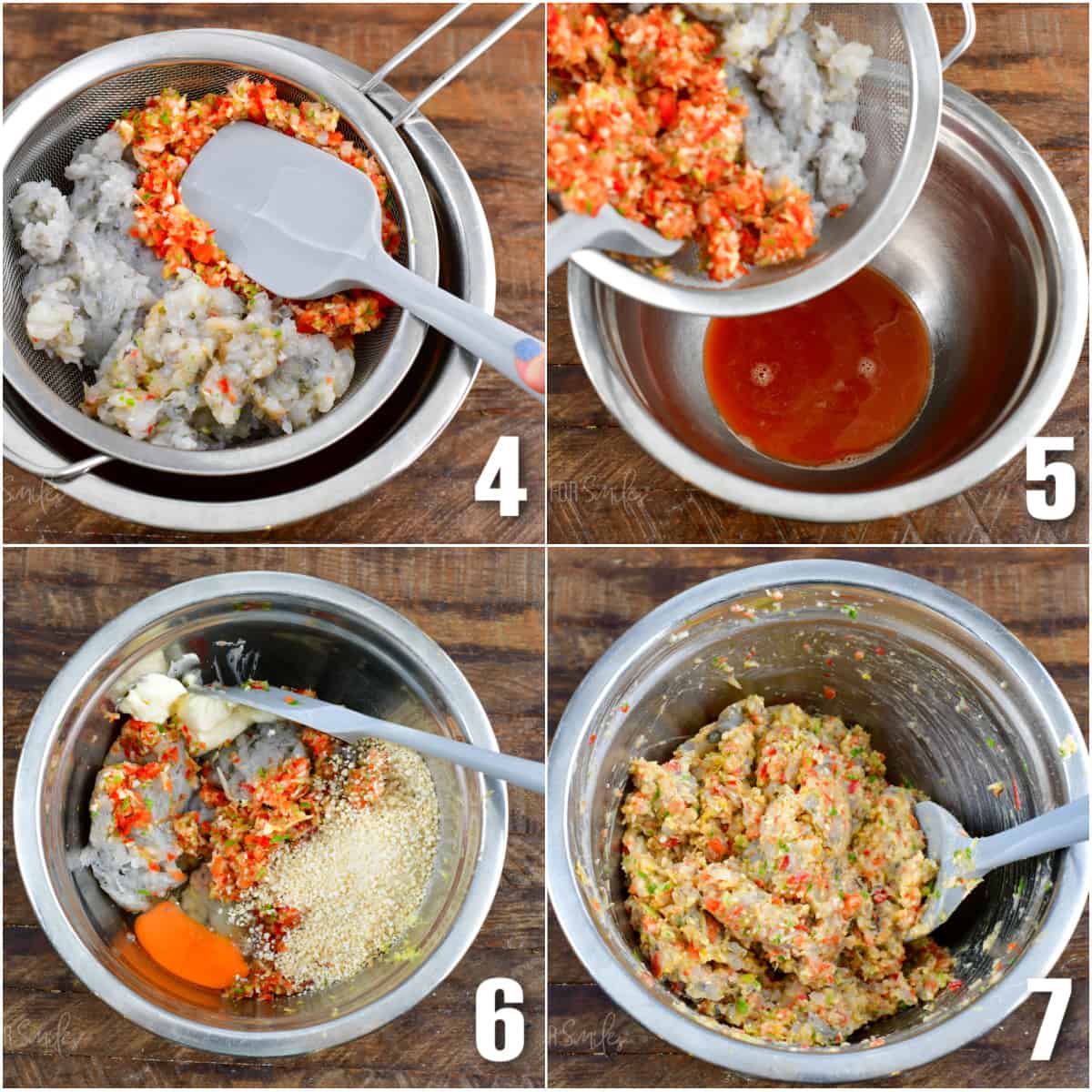 One image shows veggies being strained. The second image shows the juices from the strained veggies in a mixing bowl. The third image shows the ingredients for the patties in a mixing bowl. In the fourth image, all ingredients have been mixed. 