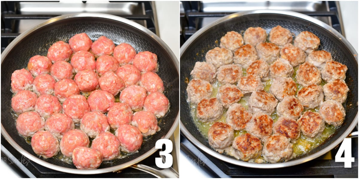 In one photo, raw meatballs are cooking in a skillet. In the second photo, the meatballs in the skillet are browned and cooked. 