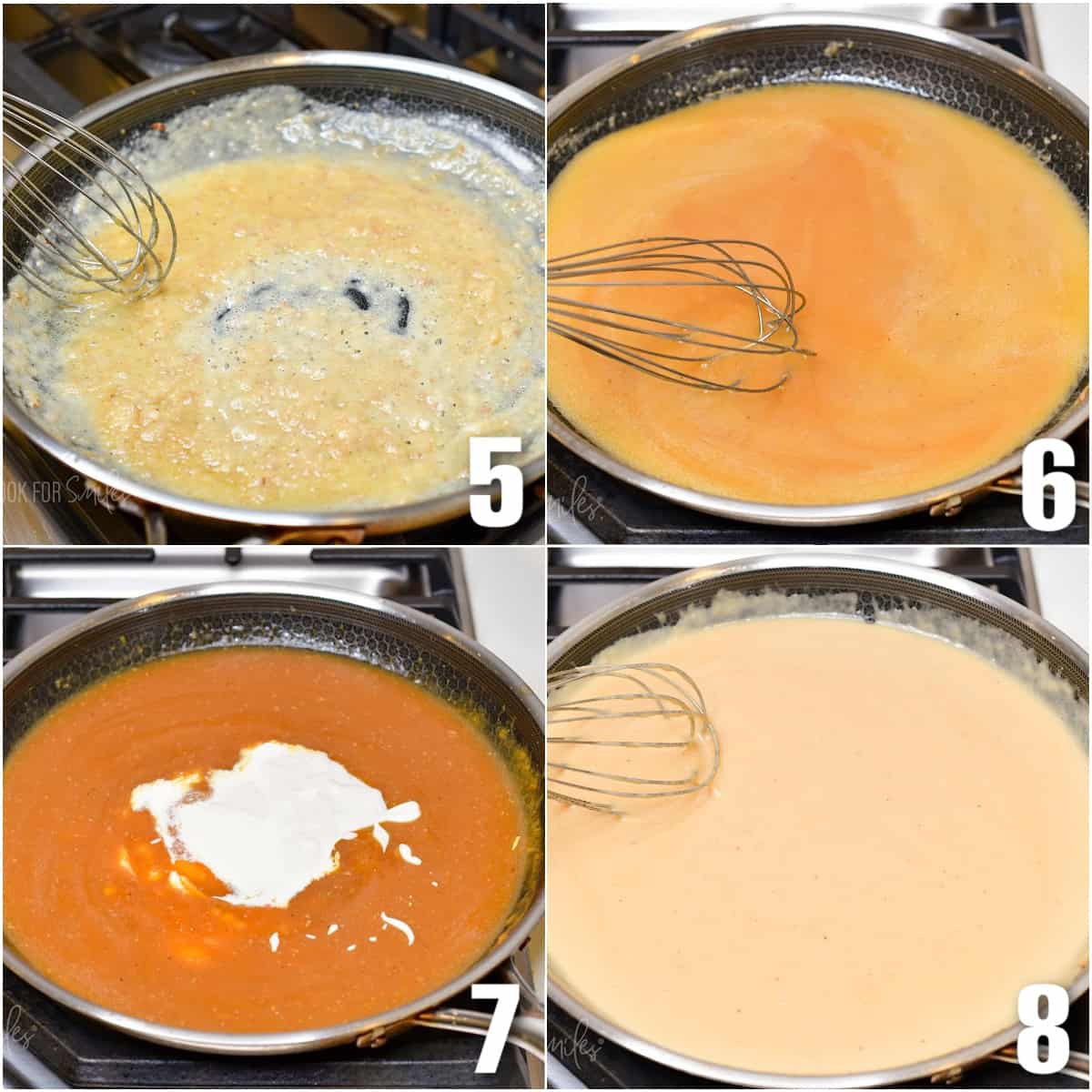 A roux is formed in the first photo. In the second photo, a whisk is mixing beef stock into the roux. In the third photo, creamy ingredients are added to the skillet. In the final photo, a creamy gravy is presented. 