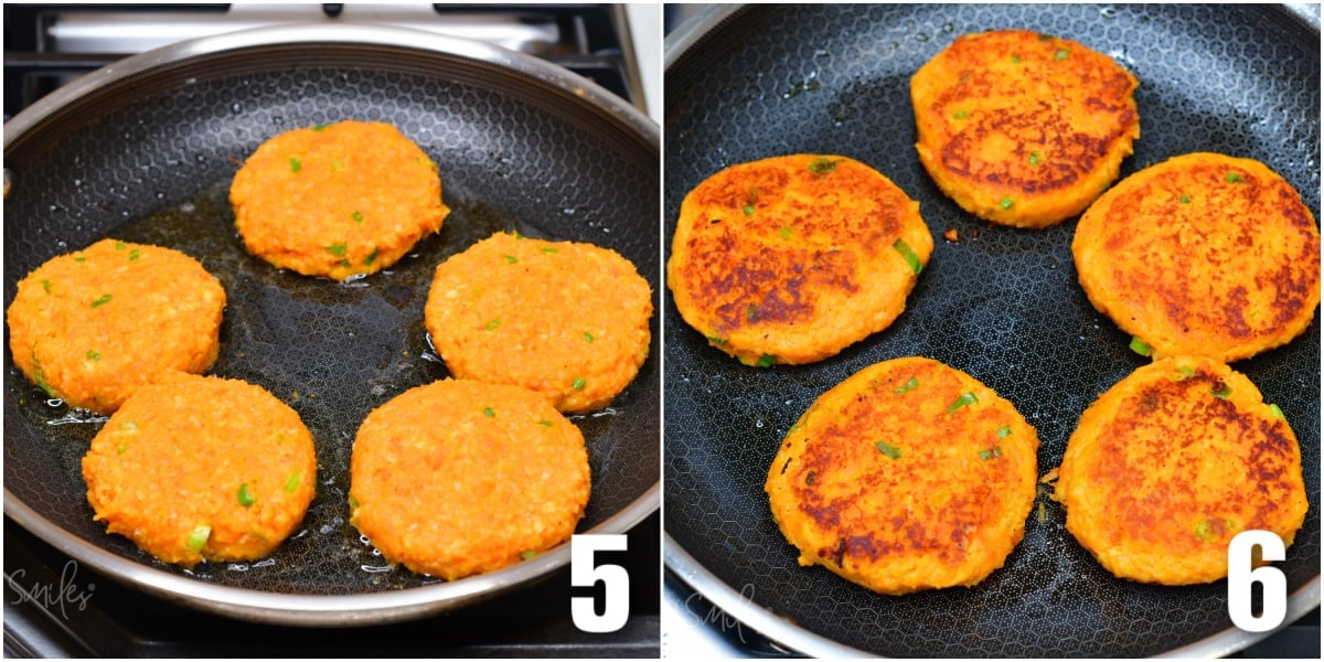 One image shows uncooked sweet potato cakes in a pan. The second image shows the same patties cooked in a pan. 