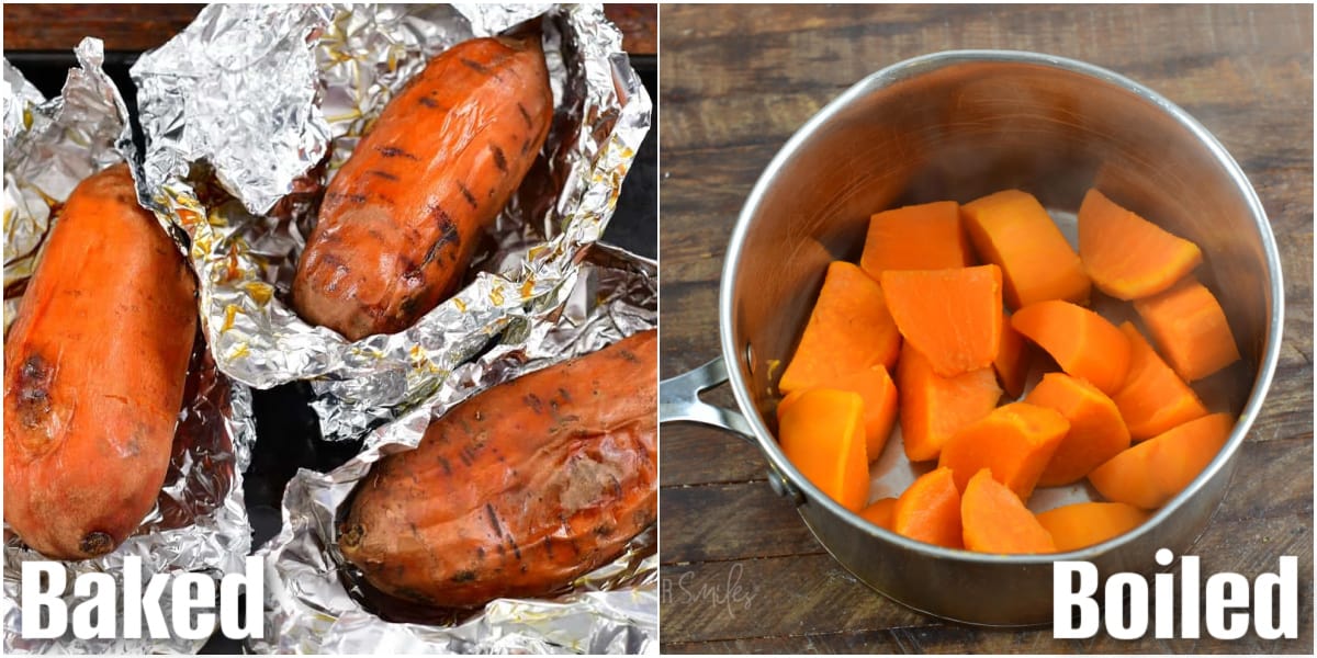 collage of two images of baked potatoes and boiled potatoes.