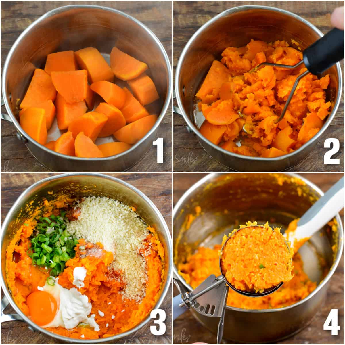 One image shows a pot that's halfway filled with cooked sweet potato chunks. They are being mashed in the second image. All of the other ingredients are added to the potatoes in the third image. In the fourth image, a scoop of the potato mixture is lifted from the pot. 