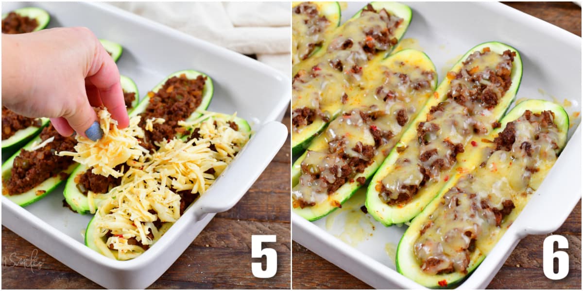 One image shows pepper jack cheese being sprinkled on zucchini boats. The second image shows the cheese melted on the boats. 