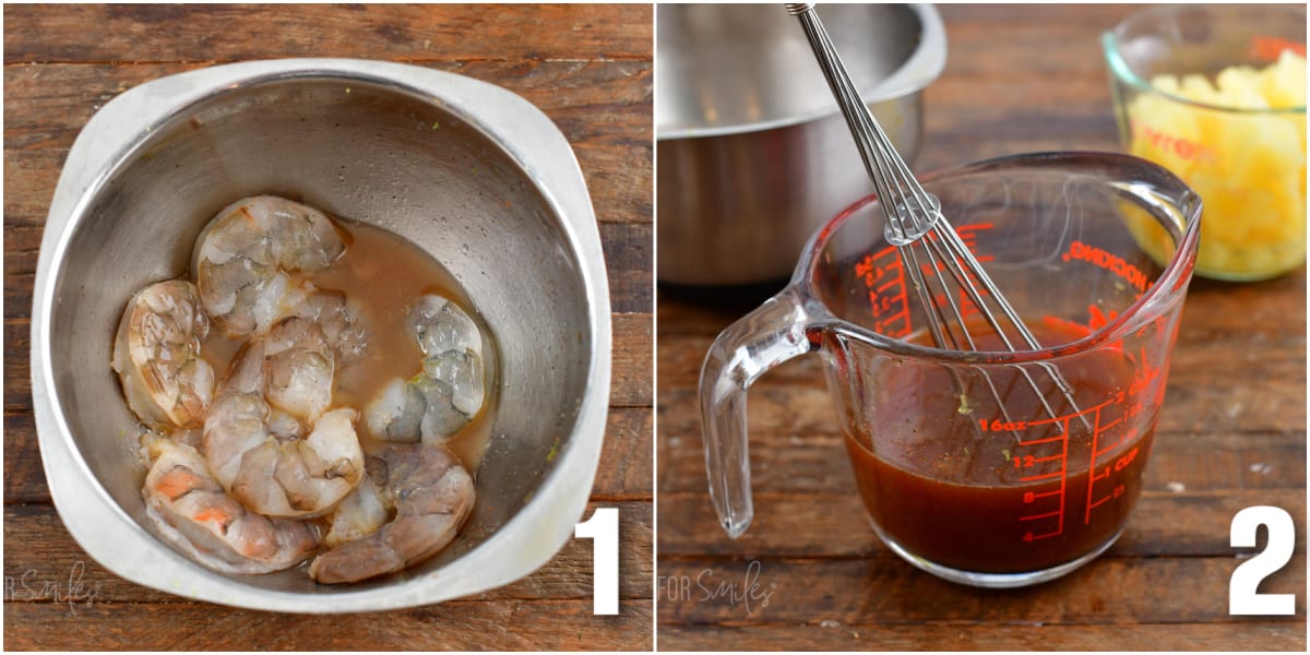 Raw shrimp are soaked in a bowl. Sauce is whisked in a measuring cup. 