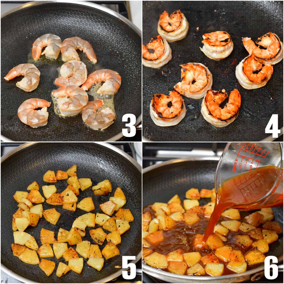 Shrimp are cooking in a skillet. They're removed and pineapple chunks and sauce is added to the skillet. 