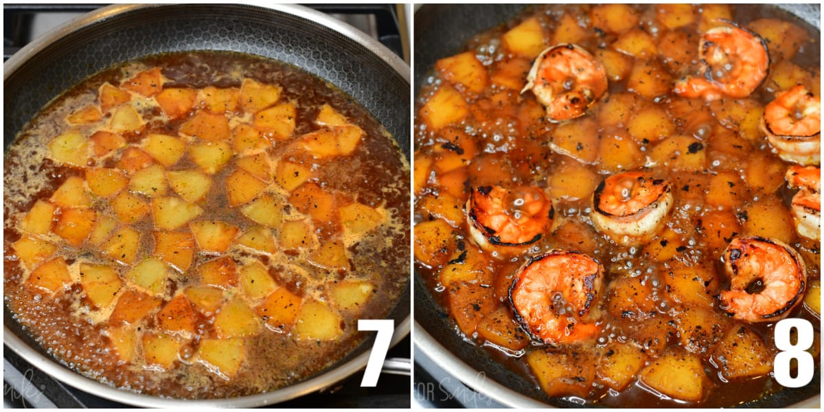 One image shows pineapple cooking in a skillet. The second image shows shrimp being added to the pineapple pan. 