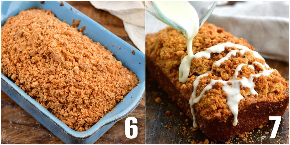 collage of two images of baked zucchini bread and adding icing to the bread.