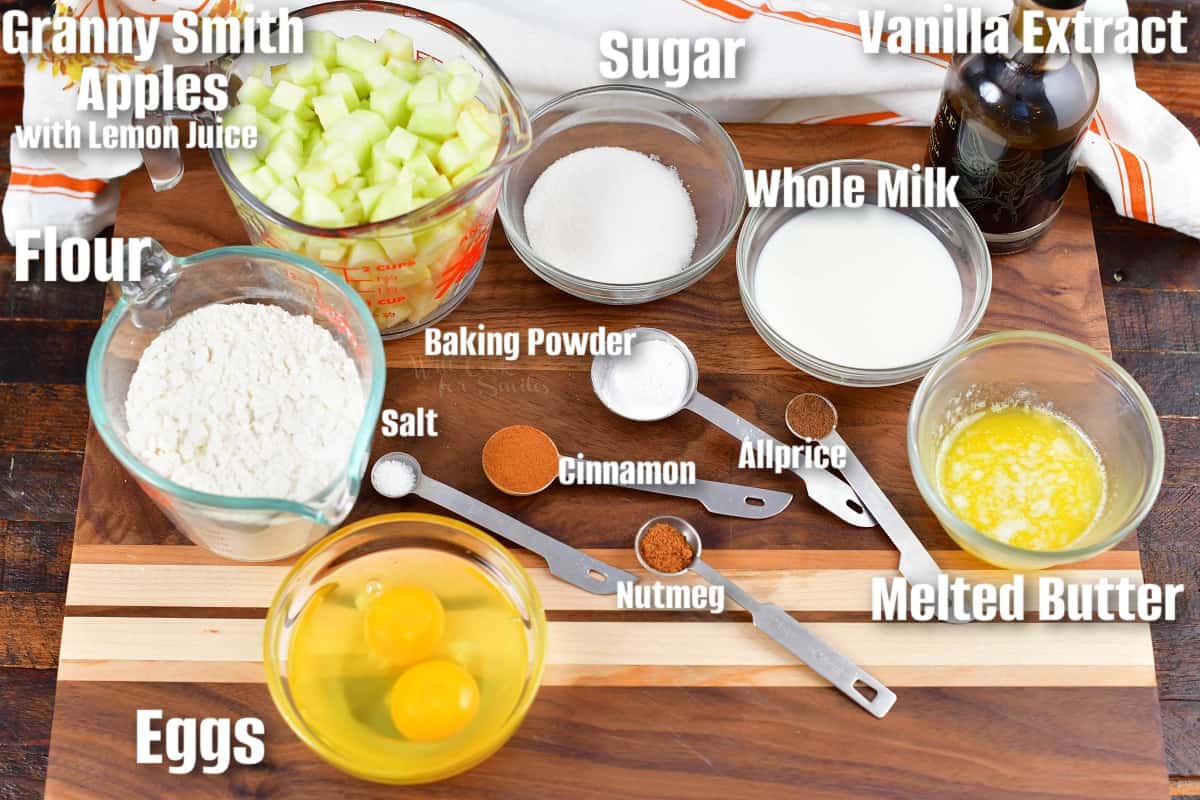 labeled ingredients to make apple fritters on the cutting board.