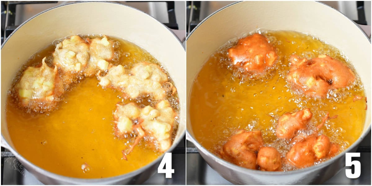 collage of two images of frying doughnuts in the Dutch oven.