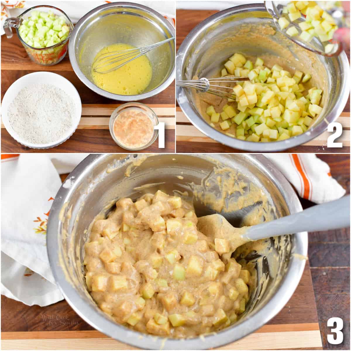 collage of three images of preparing the apple fritter dough.