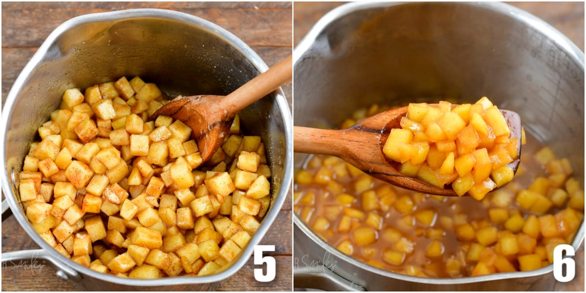collage of two images of making apple pie topping before and after cooking.