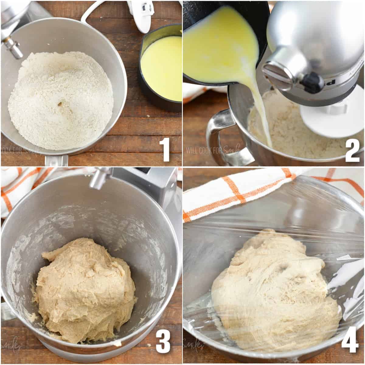 collage of four images of making the dough for monkey bread.