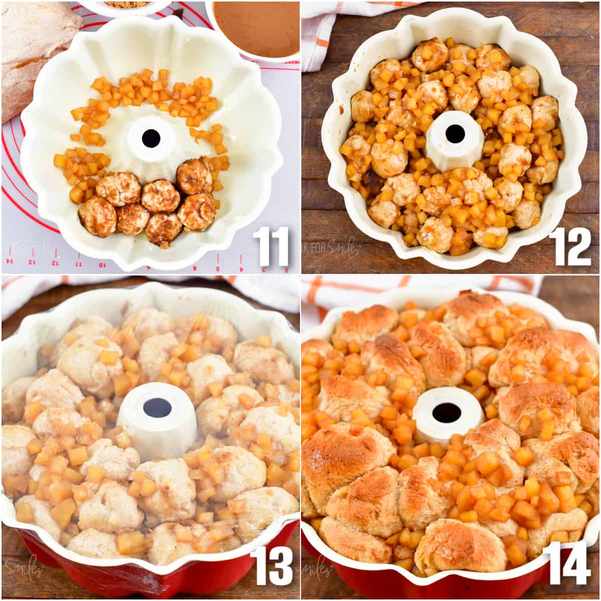 collage of four images of combining dough balls and apple topping to make monkey bread.