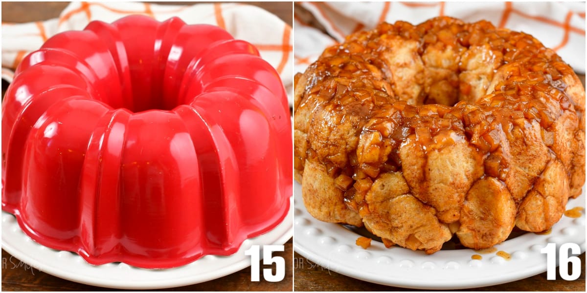 collage of two images of the Bundt pan turned on the plate and monkey bread on the plate.