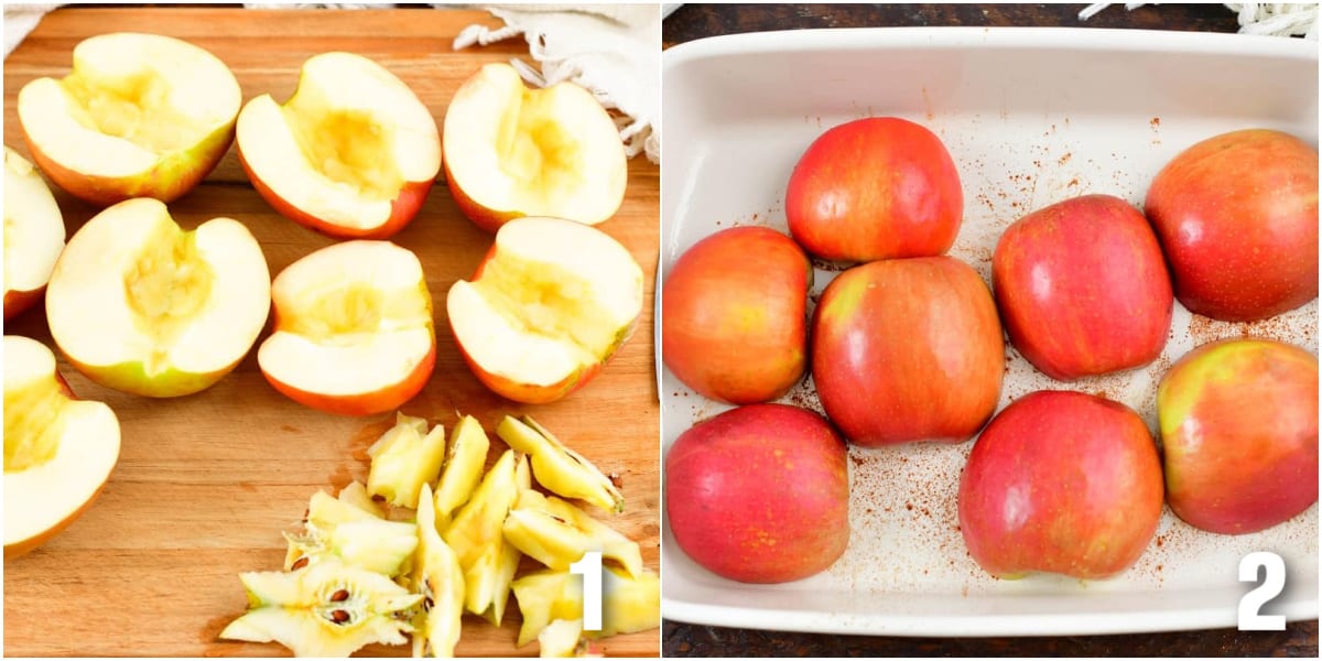 collage of two images of cored apples on cutting board and halves in baking dish.