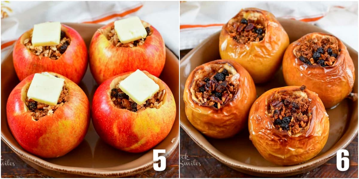 collage of two images of stuffed apples before baking topped with butter and after baking.