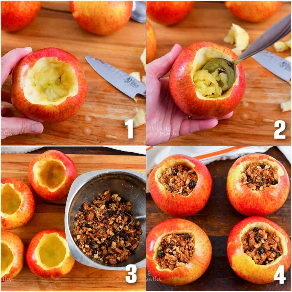 collage of four images of coring apples and stuffing them.