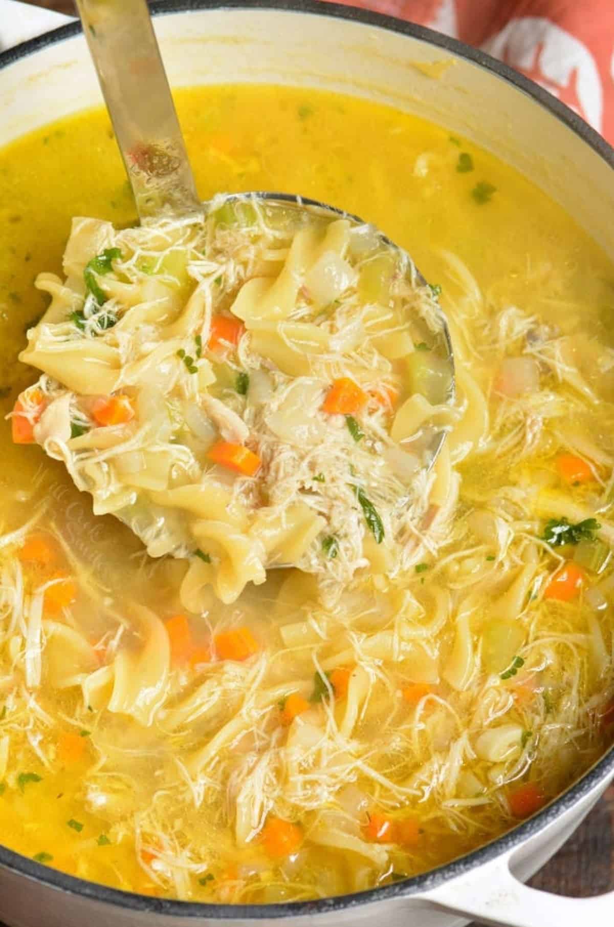 Chicken noodle soup in a stock pot with a ladle scooping some out,