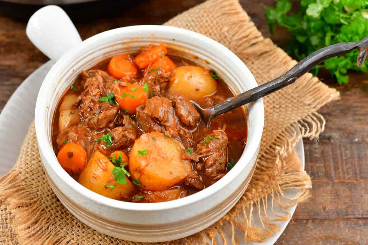 beef strew in a bowl with a fork in the with it.