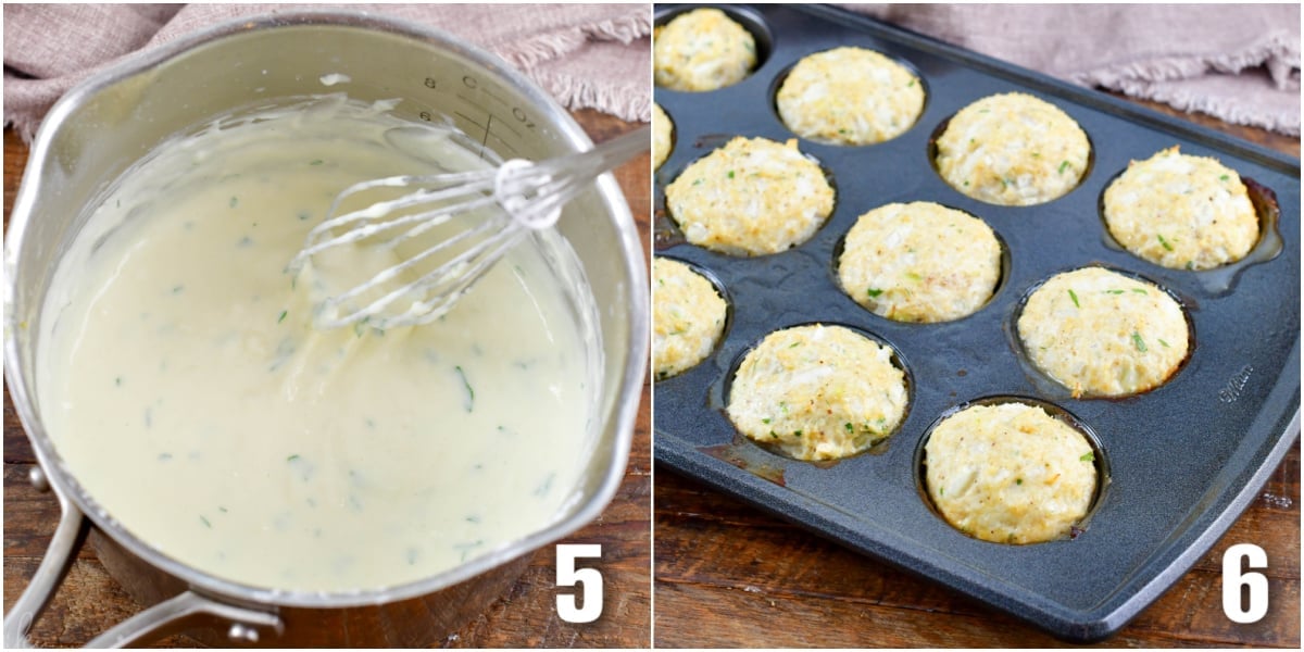 The first image shows cream sauce in a pan. The second image shows baked meatballs in a pan. 