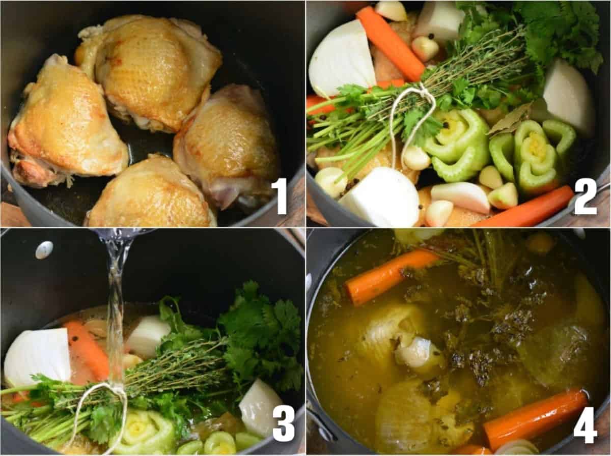 collage of four photos chicken in a pot, vegetables in a pot, pouring stock in a pot with vegetables and herbs, all the stock in the pot with vegetables.