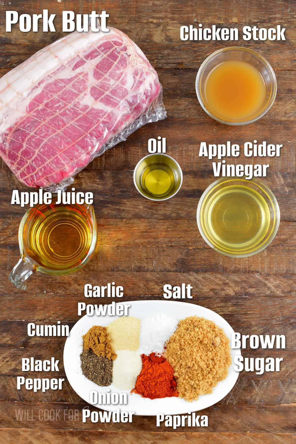 The ingredients for instant pot pulled pork are placed on a wooden surface.