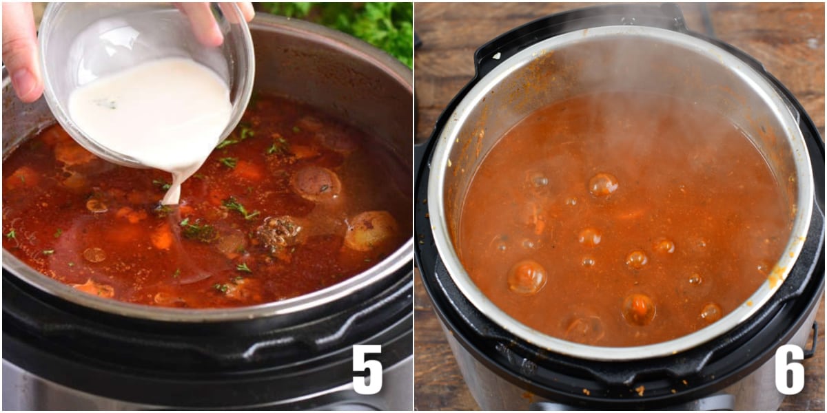 collage of two images corn starch being poured into beef strew, cooked beef stew in a instant pot.