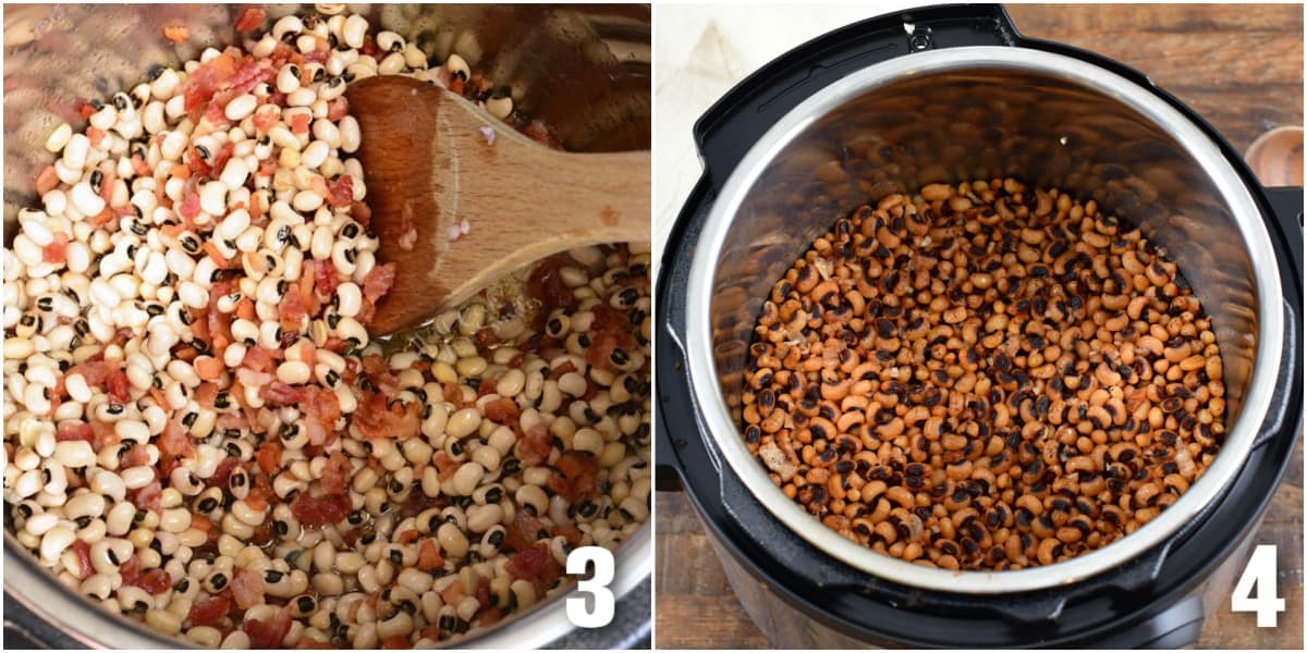Collage of to images first of cooked bacon and uncooked black eye peas, second of black eyed peas in instant pot.