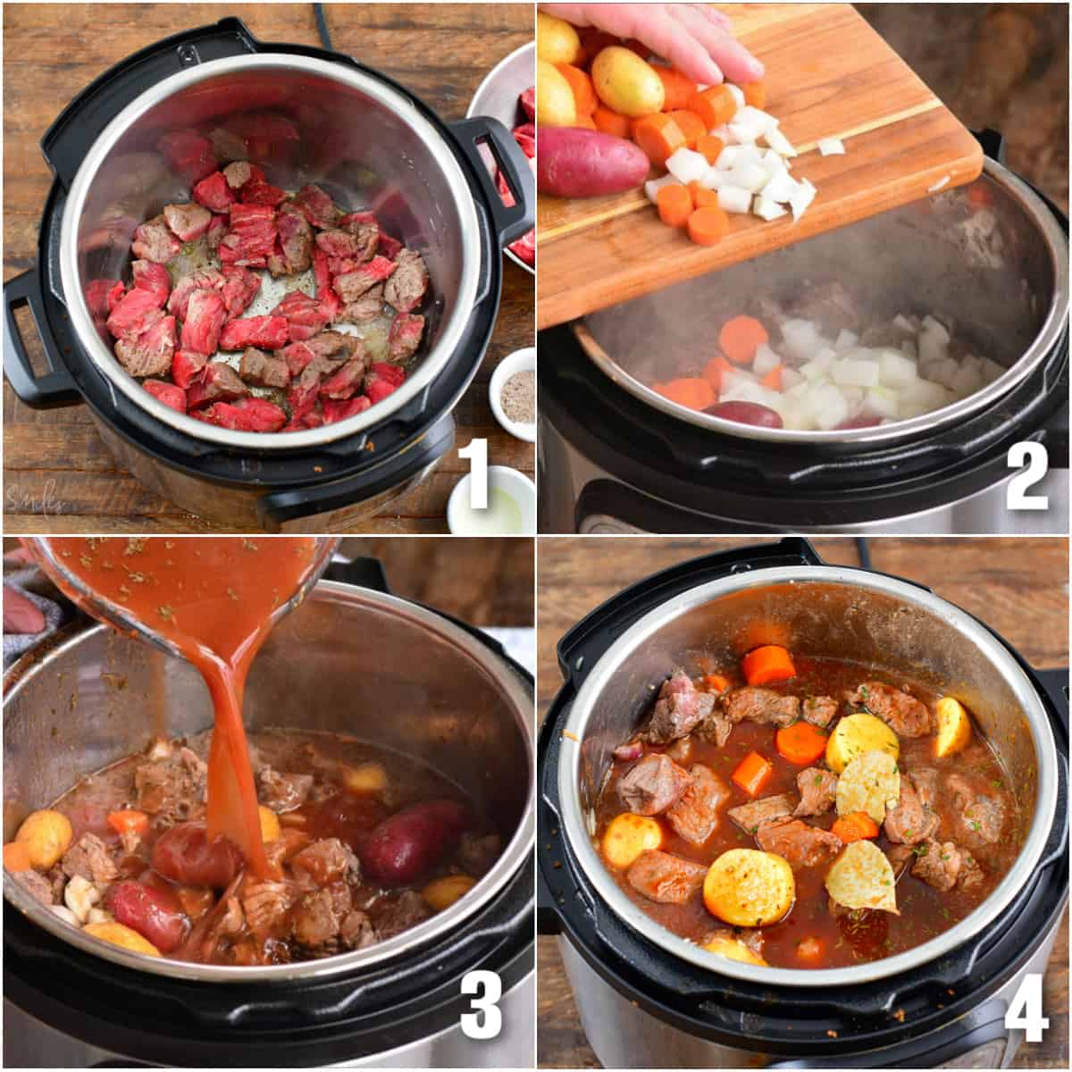 collage of four images, beef strew in a instant pot, vegetables going into beef stew, stock being poured in, all ingredients in the instant pot.