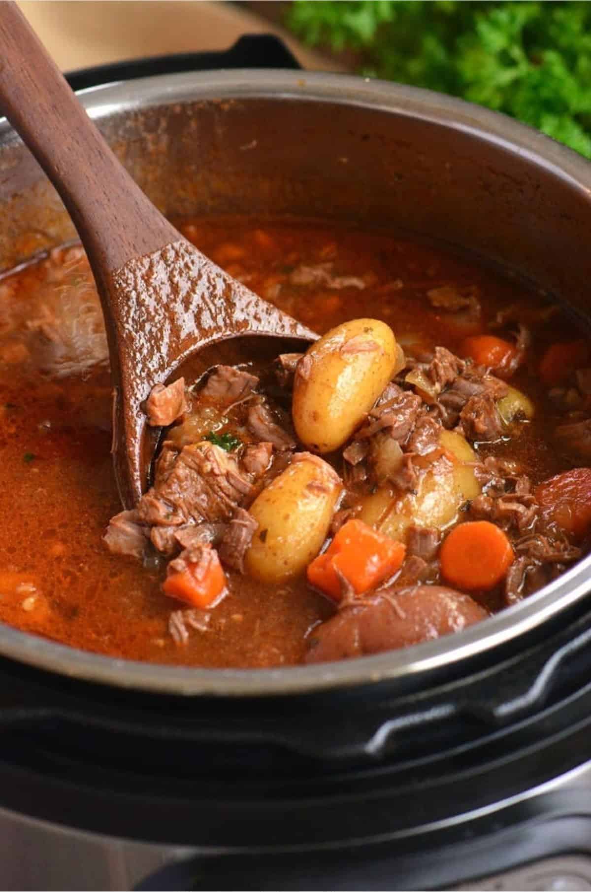 wooden spoon scooping out some beef stew.