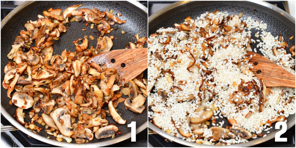 Collage of two images mushrooms in a frying pan, mushrooms and rice in a frying pan.