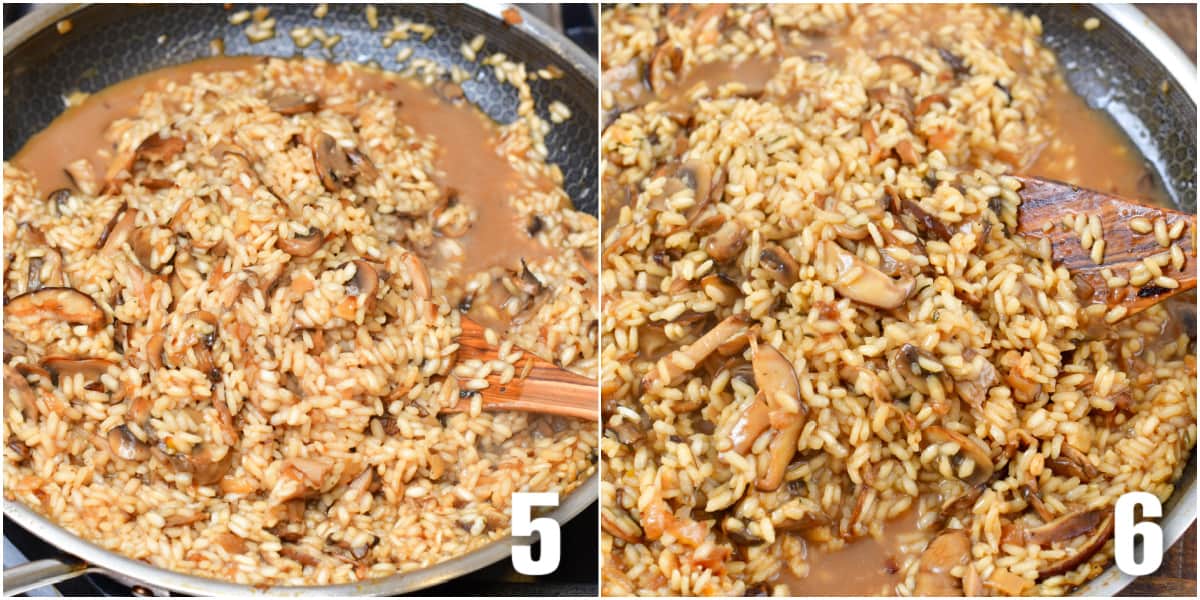 collage two images rice and mushrooms in a pan with a wooden spoon, stirring rice with wooden spoon.