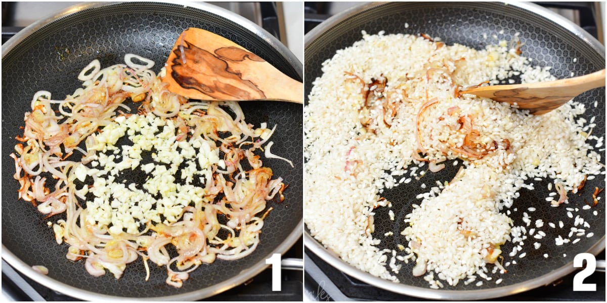 collage of two photos one garlic and onions in a pan and other of garlic, onions, and risotto in a pan.